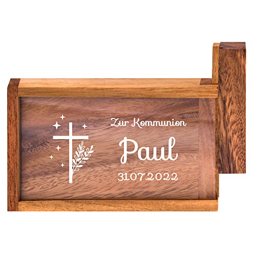 Geschenke 24 Magische Geldgeschenkebox zur Kommunion mit Wunschname | personalisiert mit Wunschdatum | nachhaltig | Dekogeschenk | Geldgeschenk (Weiß, Kommunion-Kreuz) von Geschenke 24