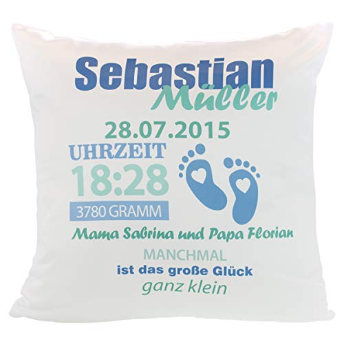 Geschenke 24 Taufkissen (Blau) – bedrucktes Kuschelkissen zur Geburt – mit Name, Datum, Uhrzeit, Gewicht und Wunschtext personalisiert – persönliches Babygeschenk zur Taufe von Geschenke 24