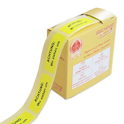 Geschenke mit Namen 1493 200 Signal-Etiketten"Achtung: Wir ziehen um", Schwarze Schrift auf Signalgelbem Grund, auf der Rolle, im praktischen Spender, je circa 51 x 19 mm, gelb Geschenke mit Namen 1493 200 Signal-Etiketten"Achtung: Wir ziehen um", Schwarze Schrift auf Signalgelbem Grund, auf der Rolle, im praktischen Spender, je circa 51 x 19 mm, gelb von Geschenke mit Namen