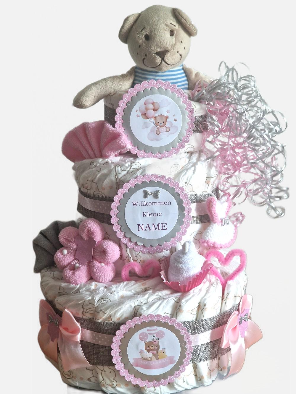 Windeltorte Rosa/Weiss Für Mädchen Personalisiert Mit Namen Taufe Geburt Jute Kuschelbärchen Schlüsselanhänger Kleidchen Windeltorte Rosa/Weiss Für Mädchen Personalisiert Mit Namen Taufe Geburt Jute Kuschelbärchen Schlüsselanhänger Kleidchen von GeschenkeEckle