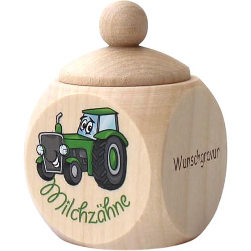 Geschenkissimo Milchzahndose Jungen Traktor aus Holz personalisierbar mit Gravur - Zahndose mit Namen, als Geschenk zum Geburtstag, zur Taufe… - individuelle Zahnbox für Milchzähne von Geschenkissimo