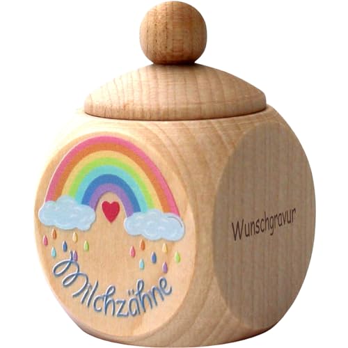 Geschenkissimo Zahndose Milchzähne Regenbogen mit Namen Gravur, sicherer Schraubverschluss - Milchzahndose für Mädchen und Jungen aus Ahorn, Maße ca. 4 x 4 x 6 cm von Geschenkissimo