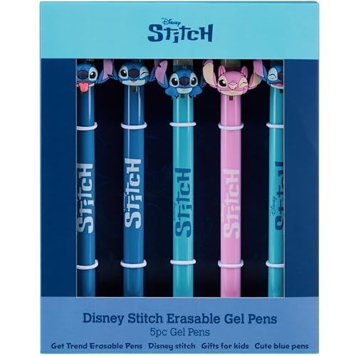 Get Trend Disney Stitch Radierbarer Kugelschreiber 5er Set Angel Blaue Tinte Gel Tintenroller mit Radiergummi Schule Freizeit Geschenke Kinder Teens (Stitch) von Get Trend