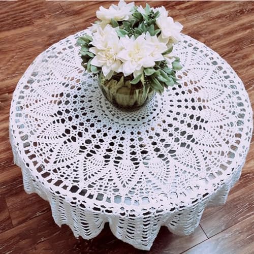 Getdoublerich Tischdecke, Vintage, handgefertigt, gehäkelt, Blumenmuster, weiß, runde Spitze, Tischdecke, geprägt, 65–70 cm von Getdoublerich