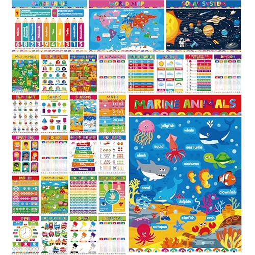 28 Bildungsplakate für Kinder, All-in-One Set Lernplakate –Alphabet, Tiere, Multiplikationstabelle, USA-Karte, Formen, PET-Film-beschichtete Schulmaterialien für Kindergarten, Vorschule, Klassenzimmer von Gethelud
