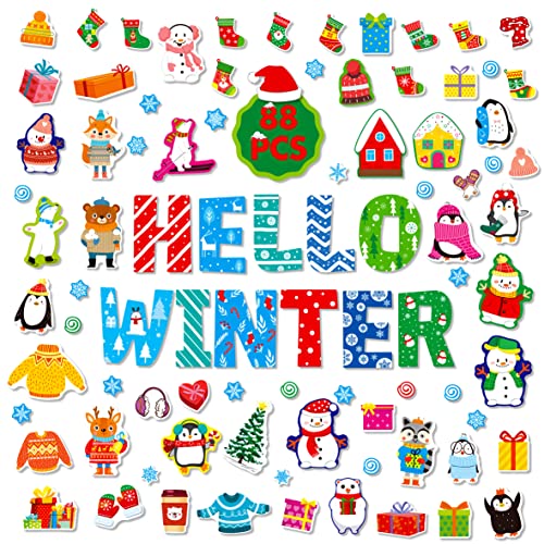 88 Stück Fröhliche Winterdekoration, Hallo Winter Pinguin Handschuhe Schneemann Schneeflocke Ausschnitte Bulletin Board Decor Dickes Pappset für Klassenzimmer, Tür, Fenster, Weihnachts-Winter-Party von Gethelud