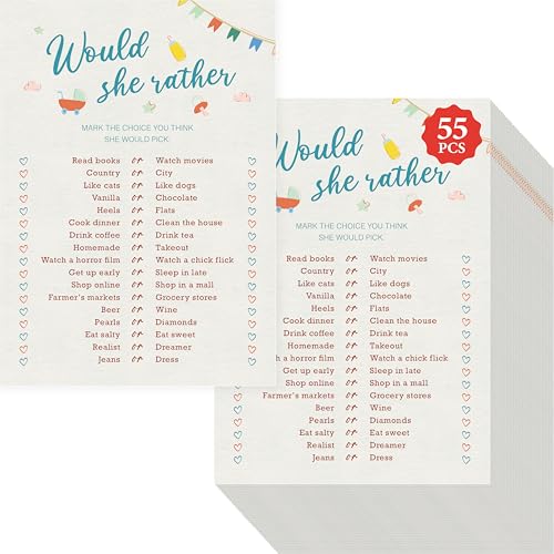 Would She Rather Game Cards 55PCS Baby Shower Spielkarten, Würde Sie Lieber Hochzeitsdusche Karten Spiele Spaß Baby Shower Party Spiele von Gethelud