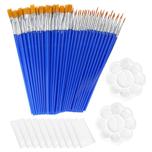 Getyjoe 60 Stück Pinsel Set Nylon Pinsel 30 Stück Runde Pinsel und 30 Stück Flache Pinsel und 10 Einweghandschuhe Pinsel für Acrylfarben Ölmalerei Aquarellmalerei Künstler Kinder Anfänger von Getyjoe