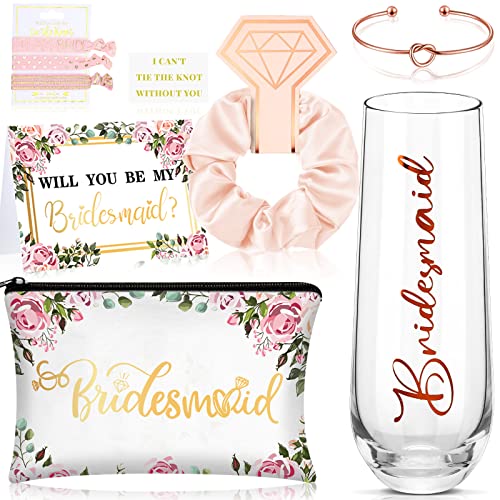 Geyee 9-teiliges Geschenk-Set für Brautjungfern, mit Aufschrift "Will You Be My Bridesmaid", Geschenkbox, inklusive Champagnerglas, Make-up-Tasche, Armband für Verlobung, Hochzeit, Geyee 9-teiliges Geschenk-Set für Brautjungfern, mit Aufschrift "Will You Be My Bridesmaid", Geschenkbox, inklusive Champagnerglas, Make-up-Tasche, Armband für Verlobung, Hochzeit, von Geyee