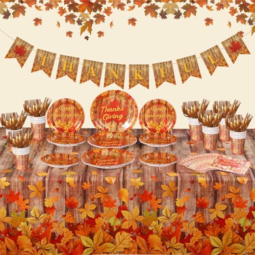 Herbst-Thanksgiving-Partyzubehör für 24 Personen, inklusive Herbst-Ahornblatt-Tischdecke, Dankbar-Banner, Erntedankfest, Pappteller und Servietten, Herbstblätter, Geschirr-Set für Ernte, von Geyee