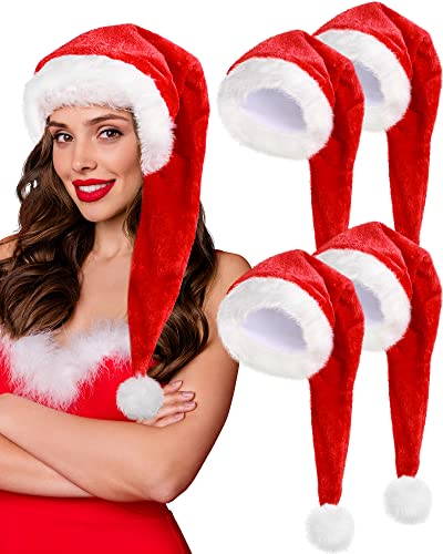 Geyoga 4 Stück Weihnachtsmütze Samt Nikolausmütze für Erwachsene Lange Weihnachtsmütze für Jungen Mädchen Party Mitgebsel (Rot, Lebhafter Stil) von Geyoga