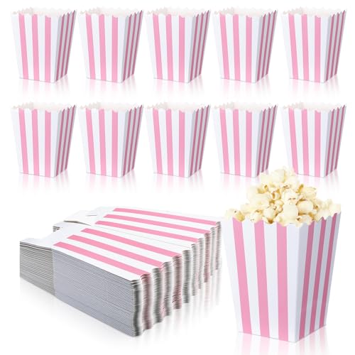 Geyoga 48 Stück rosa Popcorn-Boxen, kleine rosa Popcorn-Tüten, gestreifte Papier-Popcorn-Tüten, Pastell-Popcorn-Boxen, rosa und weiß, Süßigkeitenbehälter für Geburtstagsparty, Gastgeschenke von Geyoga