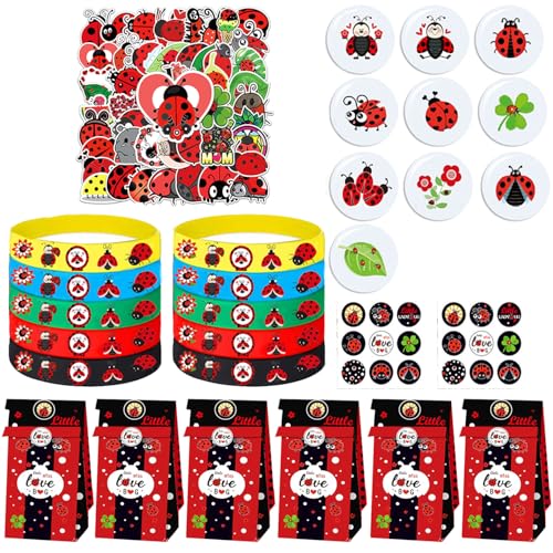 Ghberll Ladybug Geburtstagsparty-Zubehör-Packungen enthalten 10 Süßigkeiten-Leckerli-Taschen, 10 Silikon-Armbänder, 10 Knopf-Abzeichen, 50 Aufkleber für Mädchen, Jungen, Kinder von Ghberll