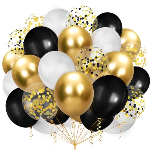 100 Stück Luftballons Schwarz Gold Weiß,Schwarz und Gold Konfetti Luftballons,Goldene Luftballons,Party Latex Luftballons mit 2 Rollen Band für Ballongirlande Hochzeit Abschlussfeier Party Deko von Ghoietv