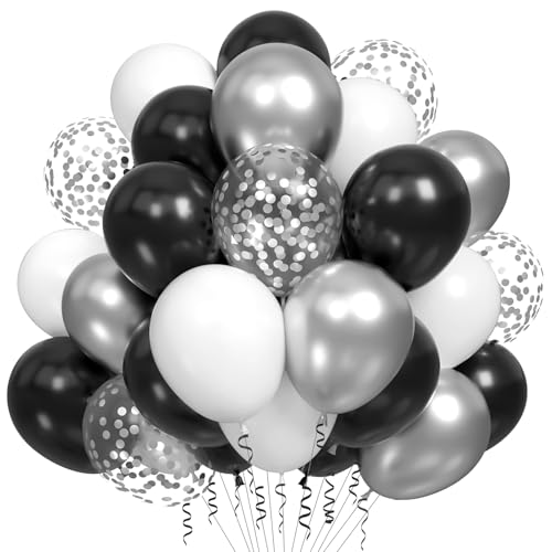Luftballons Silber Weiß Schwarz 100 Pcs,Konfetti Ballons Silber,Luftballons Schwarz,Party Latex Luftballons Helium Ballons mit 2 Rollen Band für Ballongirlande Hochzeit Abschlussfeier Party Deko von Ghoietv