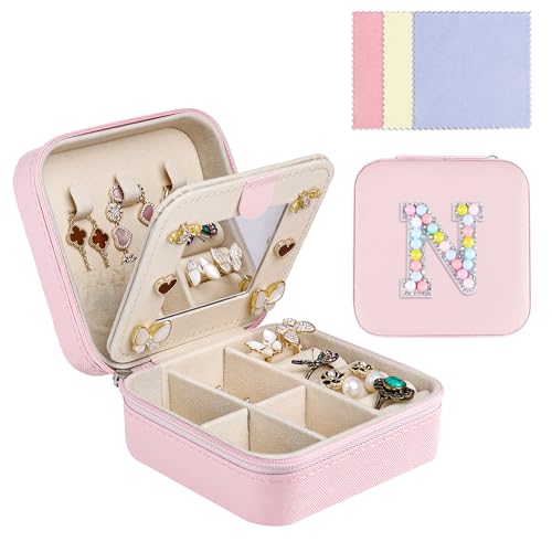 Ghope Schmuckkästchen Reise mit Spiegel, Klein Schmuck-Reiseetui mit initiale Schmuckkasten tragbar Schmuckschatulle Schmuckkoffer Schmucketui Jewelry Box für Damen Mädchen Geschenk von Ghope