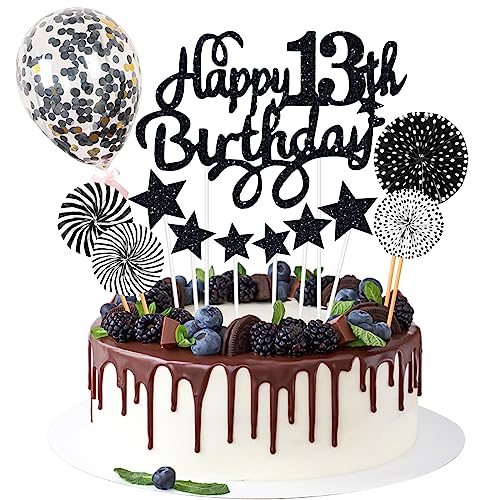 Happy 13th Birthday Tortendeko 13 Jahre Schwarz Jungen Mädchen Geburtstag Kuchendeko Glitter Kuchen Torten Deko Cake Topper Geburtstagstortendekoration von Ghope