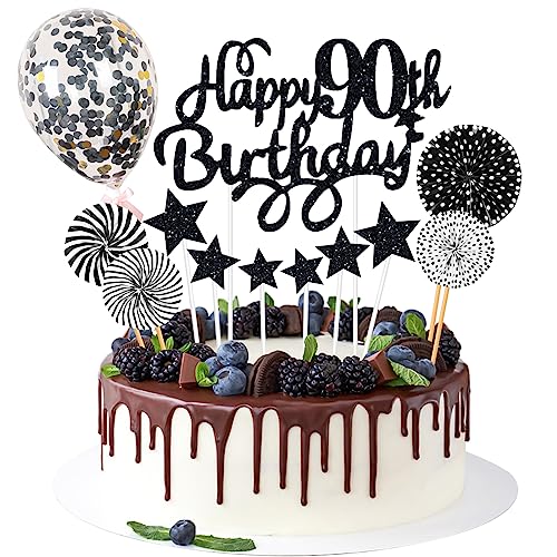 Happy 90th Birthday Tortendeko 90 Jahre Schwarz Frau Männer Geburtstag Kuchendeko Glitter Kuchen Torten Deko Cake Topper Geburtstagstortendekoration von Ghope