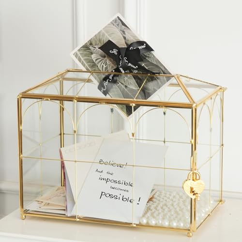 Giadun Glaskartenbox mit Schlitz, 25,9 cm große goldfarbene transparente Kartenbox für Hochzeitsempfänge, dekorative Aufbewahrungsbox mit Schloss für Babyparty, Geburtstagsfeier, Brautdusche von Giadun