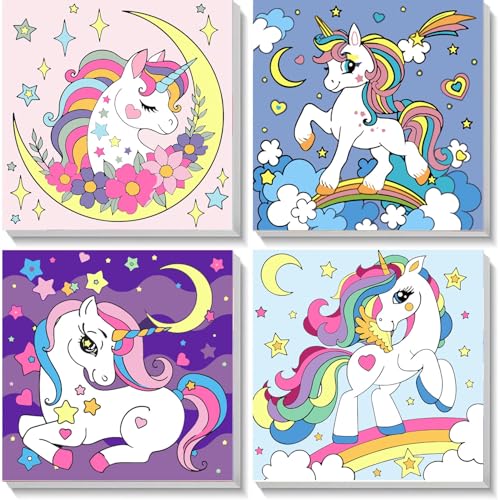 4 Stück Malen Nach Zahlen Kinder mit Rahmen, Einhorn Malen Nach Zahlen ab 7 Jahre Mädchen, Einhörnern Malen Nach Zahlen für Kinder ab 5 7 9 Jahren als Geschenk (20x20cm) von Giahism