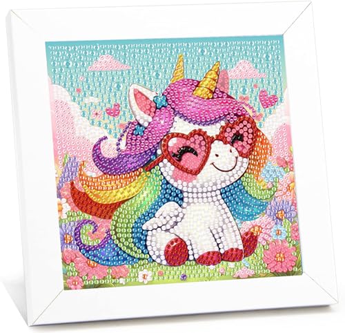 Einhorn Diamond Painting Kinder Mit Rahmen, Diamant Painting Bilder Einhorns, Tiere Diamond Painting Kinder ab 4-6-8 Jahre, Diamant Arts Craft für Home Wand Decor(17,5x17,5cm) von Giahism