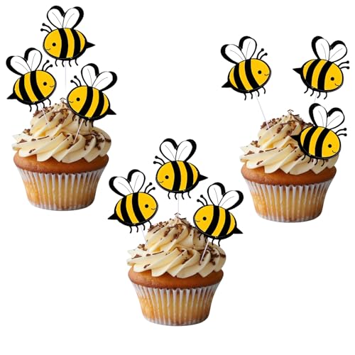 Giantree 30 Stk Biene Kuchen Topper, Biene Tortendeko Kuchen Deko Hummel Cupcake Topper Glitter Honeycomb Cupcake Picks für Bee Thema Geburtstag Party von Giantree