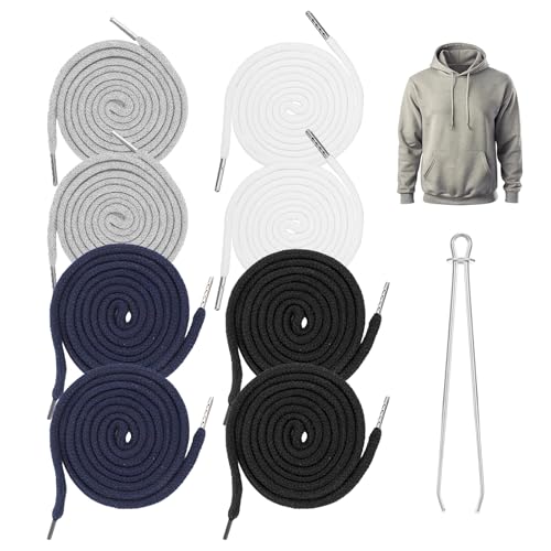 Giantree 8 Stück Kordel Für Jogginghose, Kordel Für Hoodie Kordelzug Mit Durchziehnadel Kordelenden Metall 150cm Kordelband Zum Hoodie, Sporthosen Sweatshirts Jacken (Schwarz Dunkelblau Weiß Grau) von Giantree