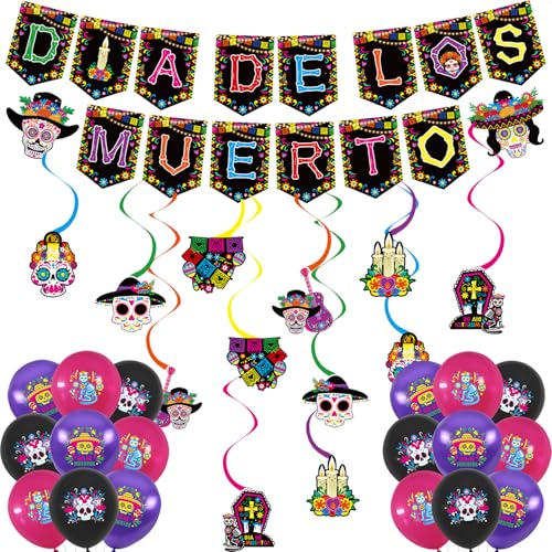Gibocot 31 Stück Tag der Toten Dekorationen – Dia de Los Muertos Banner Sugar Skull Ballons Halloween Skelett hängende Wirbel für Decke Wand Ofrenda Decor Mexican Fiesta Party Supplies von Gibocot