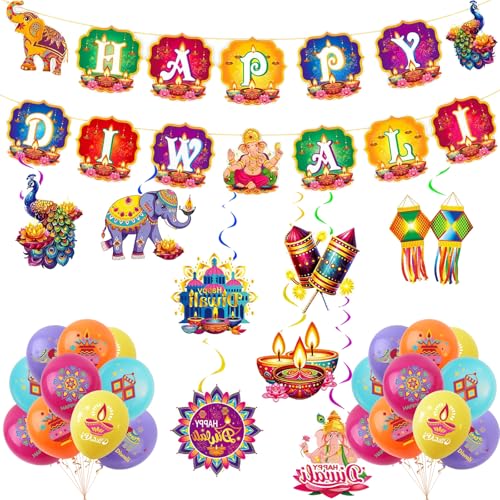 Gibocot 34-teiliges Diwali-Dekorationsset – Happy Diwali Banner mit Luftballons und hängenden Wirbeln für Festival der Lichter, Deepavali, indische Puja-Hausparty, Heimdekoration und von Gibocot