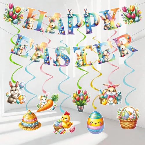 Gibocot Oster-Party-Dekorationen, 2 Stück Happy Easter Bunny Banner & 16 Stück Osterhase Ei Küken hängende Wirbel, Oster-Wimpelkette, Girlande, Folienschlangen für Ostern, Zuhause, Schule, Gibocot Oster-Party-Dekorationen, 2 Stück Happy Easter Bunny Banner & 16 Stück Osterhase Ei Küken hängende Wirbel, Oster-Wimpelkette, Girlande, Folienschlangen für Ostern, Zuhause, Schule, von Gibocot