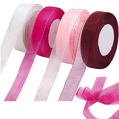 4 Stück Schleifenband Chiffon, Transparentes Chiffonband, Geschenkband Stoff, Satinband Hochzeit, für Geschenk Verpackung, Geburtstagsparty Dekoband, Kränze, DIY Handgefertigt von Gibsob