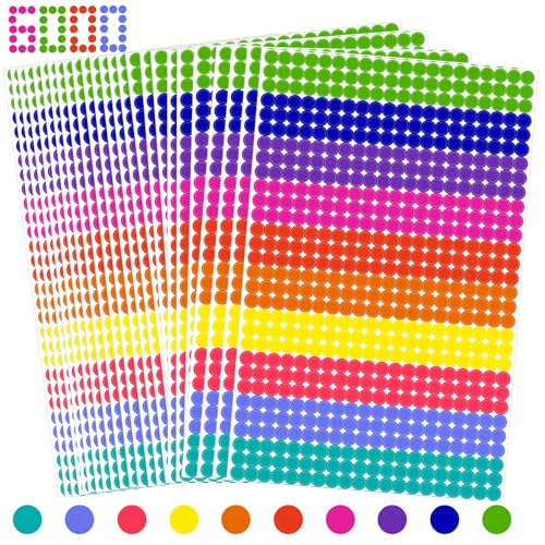 6000 Stück 6mm Runde klebepunkte Bunt 10 Farben Selbstklebende Punkte Aufkleber, Farbige Etiketten Markierungspunkte Aufkleber Rund, Farbkodierung-Aufkleber für Büro Schule Kalender von Gicare