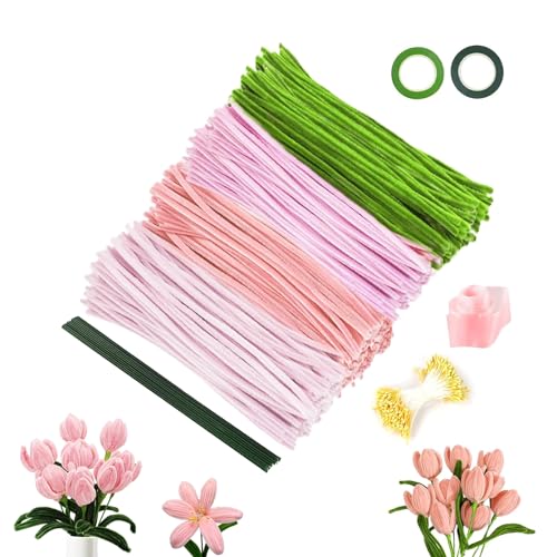 Pfeifenputzer zum Basteln, 400 Stück Pfeifenreiniger Blumen Set, 4 Farben Pfeifenreiniger Blumen mit 20 Stück Blumendraht, Geschenkband, Geschenkpapier, Blumen Staubblatt Pfeifenputzer zum Basteln, 400 Stück Pfeifenreiniger Blumen Set, 4 Farben Pfeifenreiniger Blumen mit 20 Stück Blumendraht, Geschenkband, Geschenkpapier, Blumen Staubblatt von Gicctyble