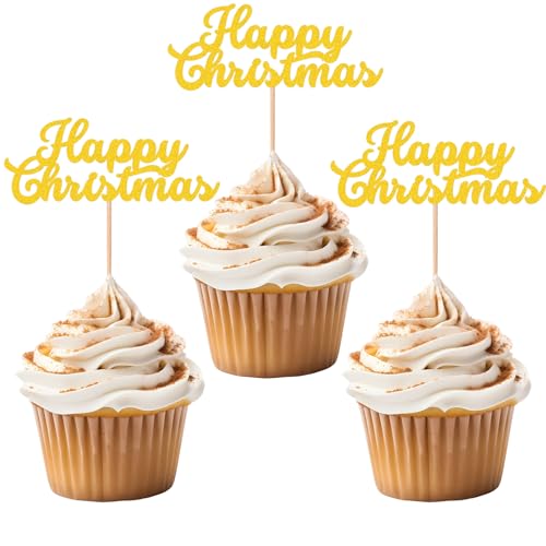 Gidobo 36 Stück Weihnachts-Cupcake-Aufsätze, goldfarben, glitzernd, Happy Christmas, Kuchendekoration, Zahnstocher-Flaggen für Weihnachtskuchendekorationen, Urlaubsparty-Zubehör von Gidobo