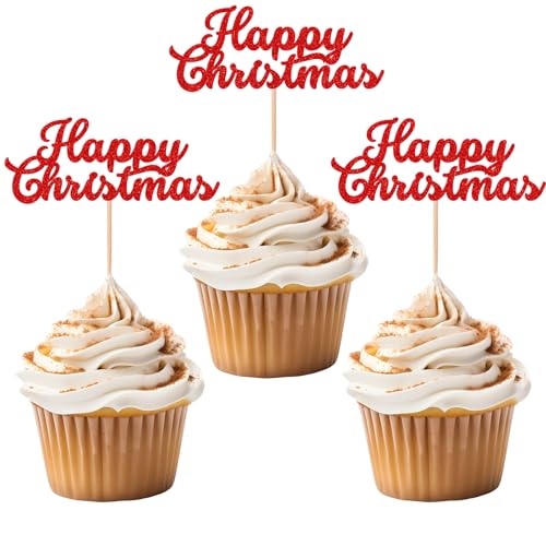 Gidobo 36 Stück Weihnachts-Cupcake-Topper, rote Glitzer, Happy Christmas, Kuchendekoration, Zahnstocher-Flaggen für Weihnachtskuchendekorationen, Urlaubsparty-Zubehör von Gidobo