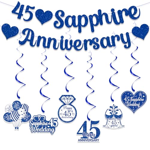 Gidobo 45 Hochzeitstag Dekorationen Set, 45 Saphir Jubiläum Banner, 6 Stück hängende Wirbel, glitzernde Party hängende Wimpelkette für Paar Eltern Feier von Gidobo