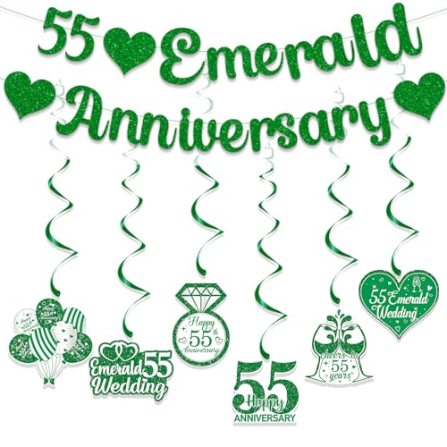 Gidobo 55 Hochzeitstag Dekorationen Set, 55 Smaragd Jubiläum Banner, 6 Stück hängende Wirbel, glitzernde Party hängende Wimpelkette für Paar Eltern Feier von Gidobo