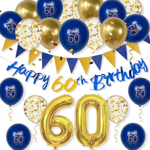 Gidobo Dekorationen zum 60. Geburtstag für Männer, Blau Gold Happy 60th Birthday Banner, Dreiecksflaggenbanner, Konfetti-Latex-Luftballons und Folien-Nummernballons für Party-Hintergrund von Gidobo