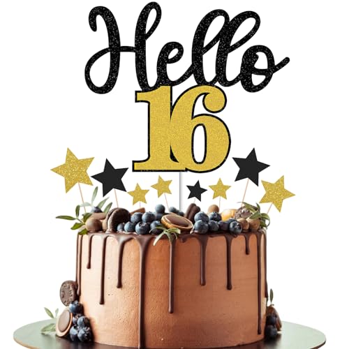 Gidobo Happy 16th Birthday Cake Toppers for Boys Girls, Hello 16 Black Gold Cake Decorations with Star Cupcake Toppers for 16th Birthday Party Cake Decorations von Gidobo