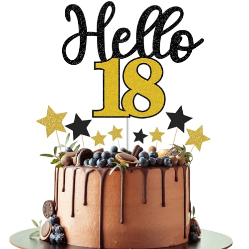 Gidobo Happy 18th Birthday Cake Toppers for Boys Girls, Hello 18 Black Gold Cake Decorations with Star Cupcake Toppers for 18th Birthday Party Cake Decorations von Gidobo