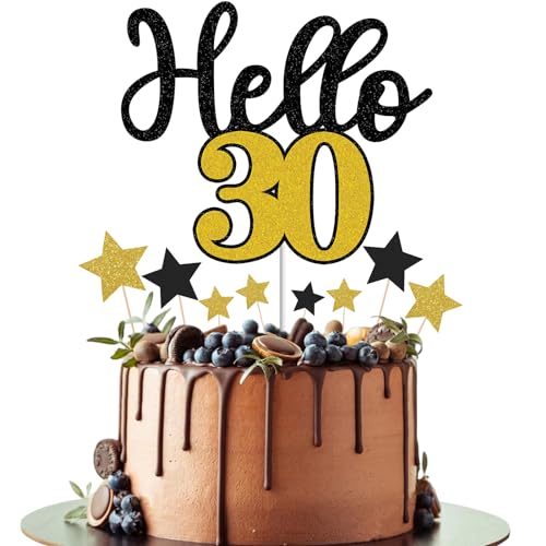Gidobo Happy 30th Birthday Cake Toppers for Men Women, Hello 30 Black Gold Cake Decorations with Star Cupcake Toppers for 30th Birthday Party Cake Decorations von Gidobo