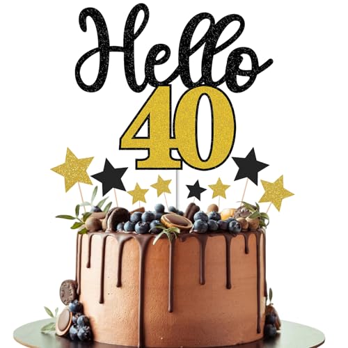 Gidobo Happy 40th Birthday Cake Toppers for Men Women, Hello 40 Black Gold Cake Decorations with Star Cupcake Toppers for 40th Birthday Party Cake Decorations von Gidobo