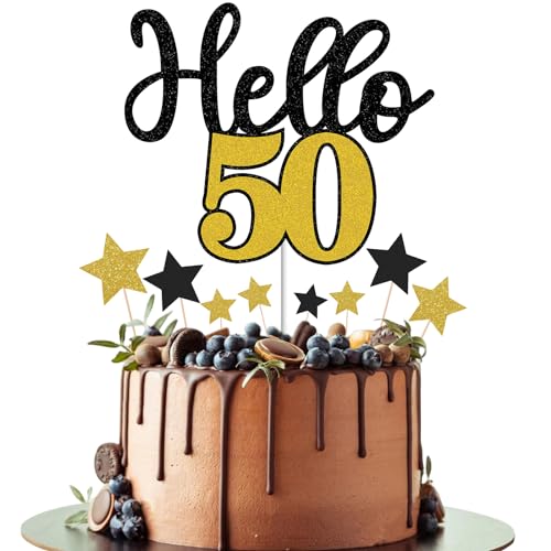 Gidobo Happy 50th Birthday Cake Toppers for Men Women, Hello 50 Black Gold Cake Decorations with Star Cupcake Toppers for 50th Birthday Party Cake Decorations von Gidobo