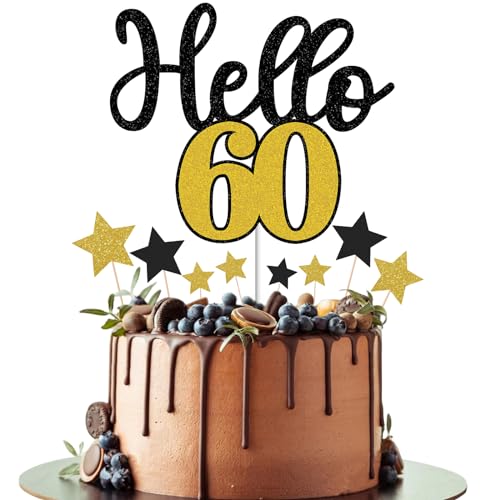 Gidobo Happy 60th Birthday Cake Toppers for Men Women, Hello 60 Black Gold Cake Decorations with Star Cupcake Toppers for 60th Birthday Party Cake Decorations von Gidobo
