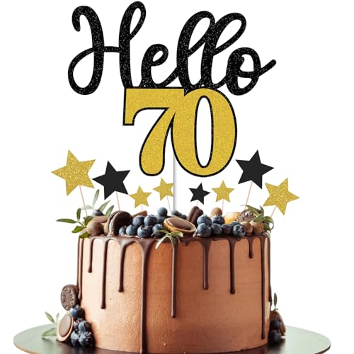 Gidobo Happy 70th Birthday Cake Toppers for Men Women, Hello 70 Black Gold Cake Decorations with Star Cupcake Toppers for 70th Birthday Party Cake Decorations von Gidobo