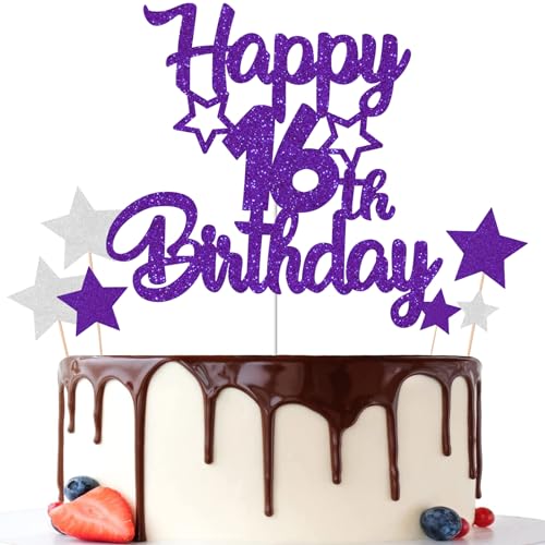 Gidobo Kuchendekoration "Happy 16th Birthday", glitzernde Kuchendekorationen mit Sternen, 16 Jahre alt, Geburtstagsparty-Zubehör für Mädchen von Gidobo