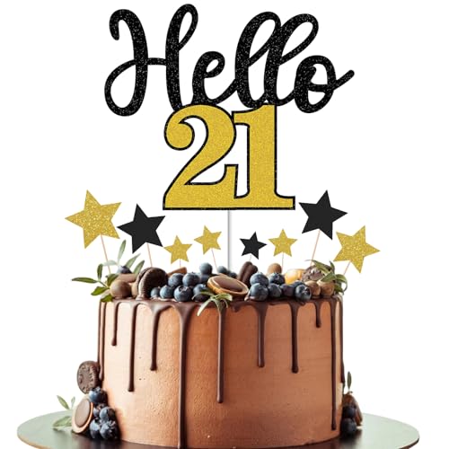 Gidobo Kuchendekoration "Happy 21st Birthday" für Männer und Frauen, Hello 21, schwarz-goldene Kuchendekorationen mit Stern, Cupcake-Topper für den 21. Geburtstag, Party-Kuchendekorationen von Gidobo
