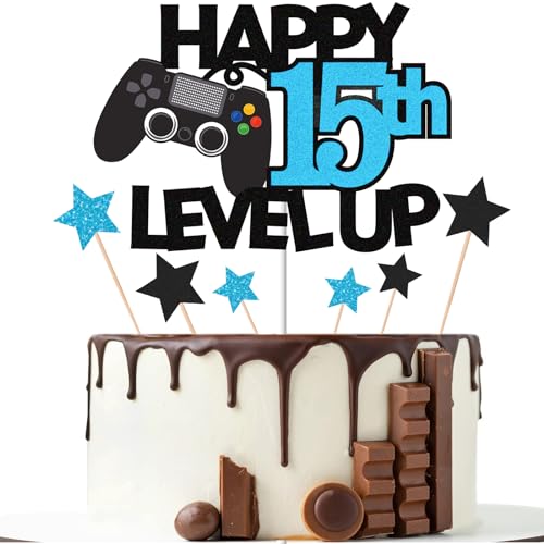 Gidobo Kuchendekoration zum 15. Geburtstag, schwarze glitzernde Kuchendekorationen mit Controller-Thema, fünfzehn Jahre alt, Videospiel-Geburtstagsparty-Zubehör für Jungen von Gidobo