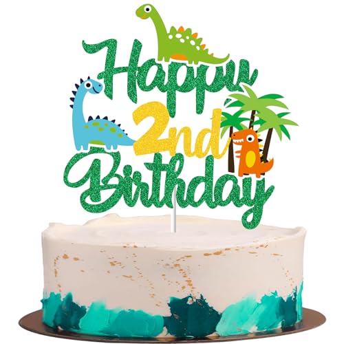 Gidobo Kuchendekoration zum 2. Geburtstag, Dinosaurier-Kuchendekorationen mit Plam, Dschungeltier-Thema, Kuchenspieß für Kinder, Jungen, Mädchen, Geburtstagsparty-Zubehör von Gidobo