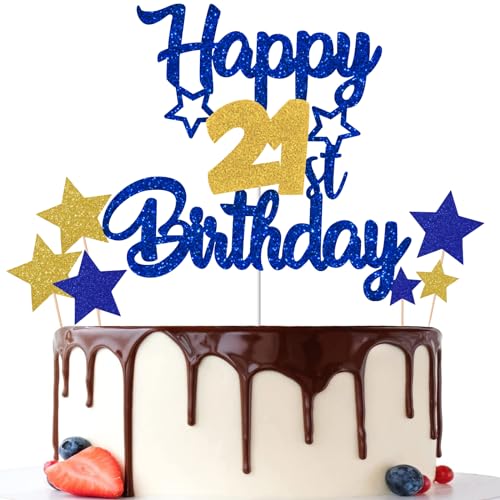 Gidobo Kuchendekoration zum 21. Geburtstag, blau-goldfarben, glitzernde Kuchendekorationen mit Sternen, 21. Geburtstag, Partyzubehör für Männer und Frauen von Gidobo